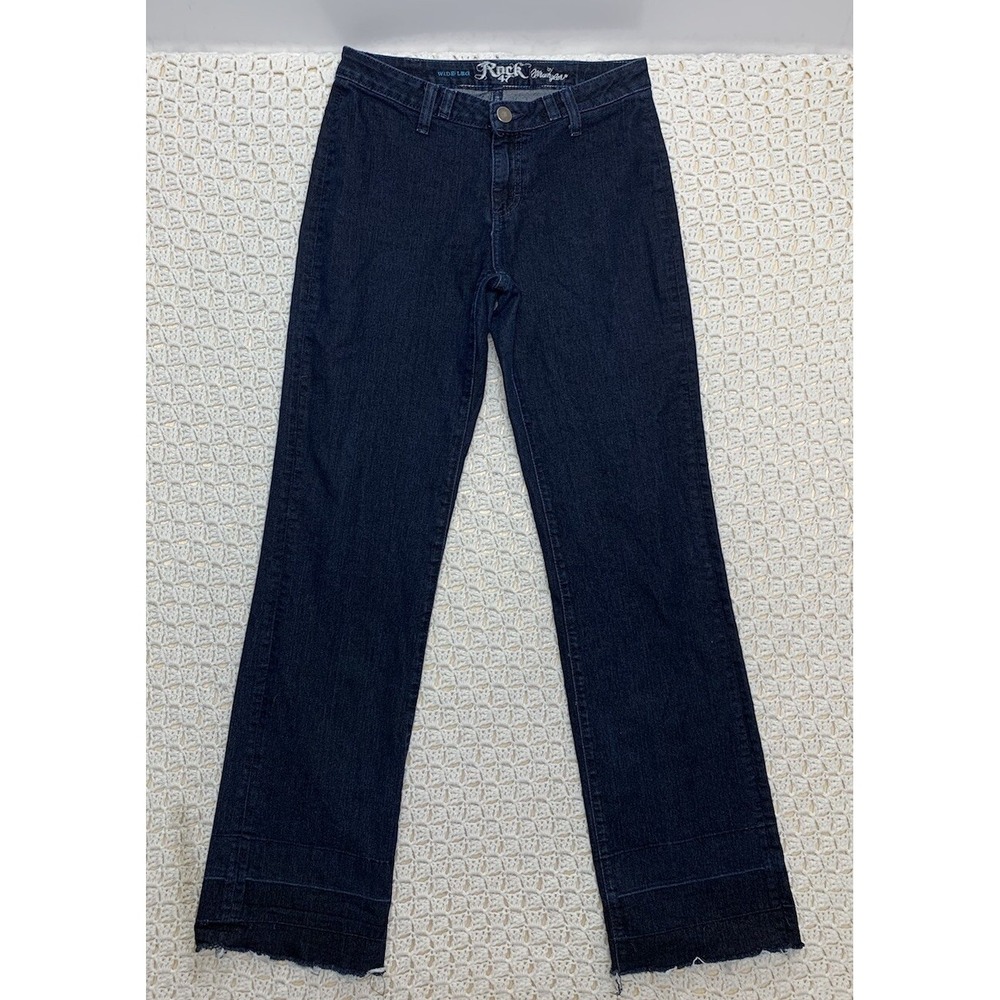 Wrangler Rock 47 Jeans Women 28x32 Approx 30x35 Dark Blue Denim Wide Leg WWX10DK